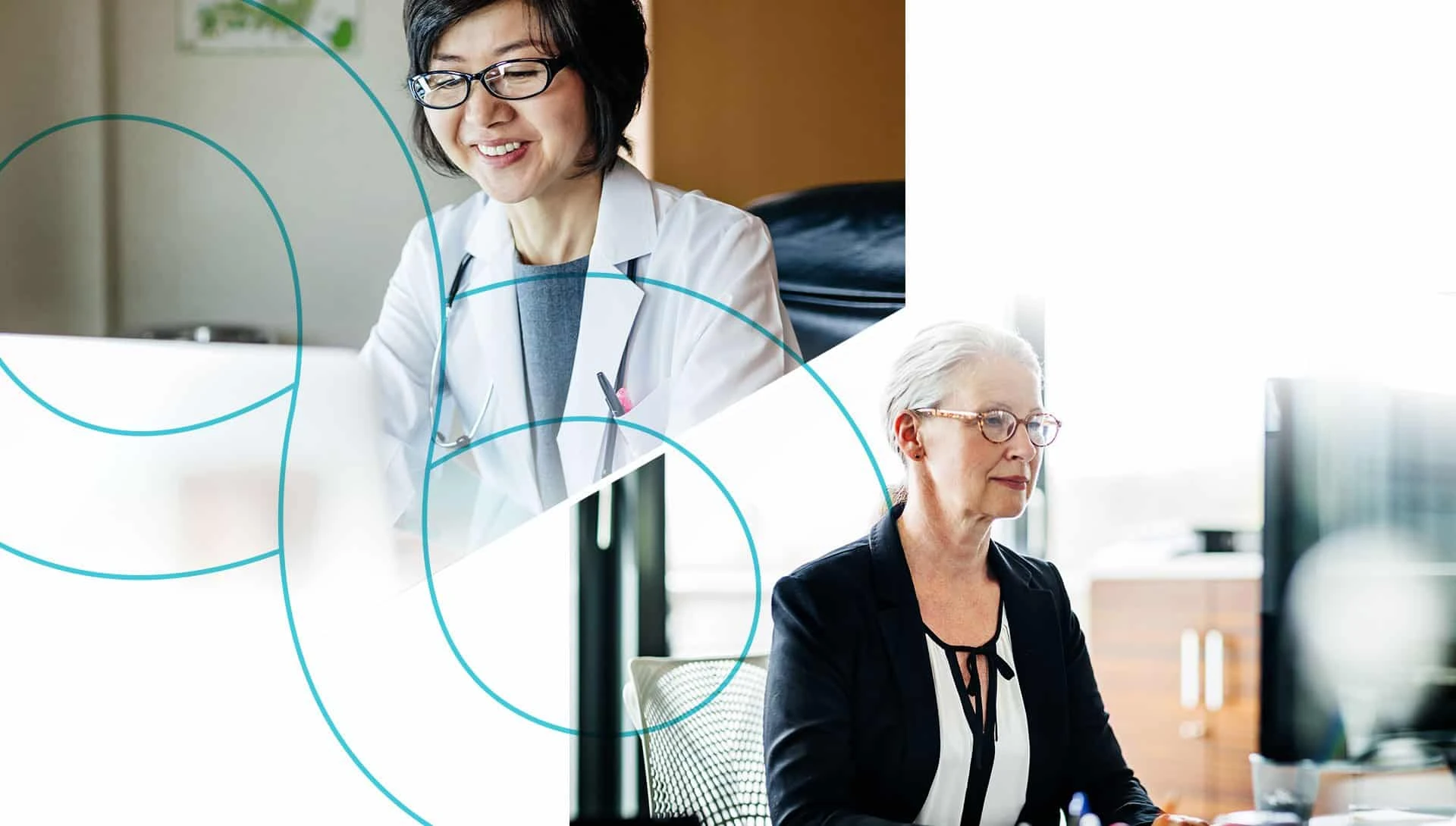 A physician and an office professional working at computers, connected by teal lines