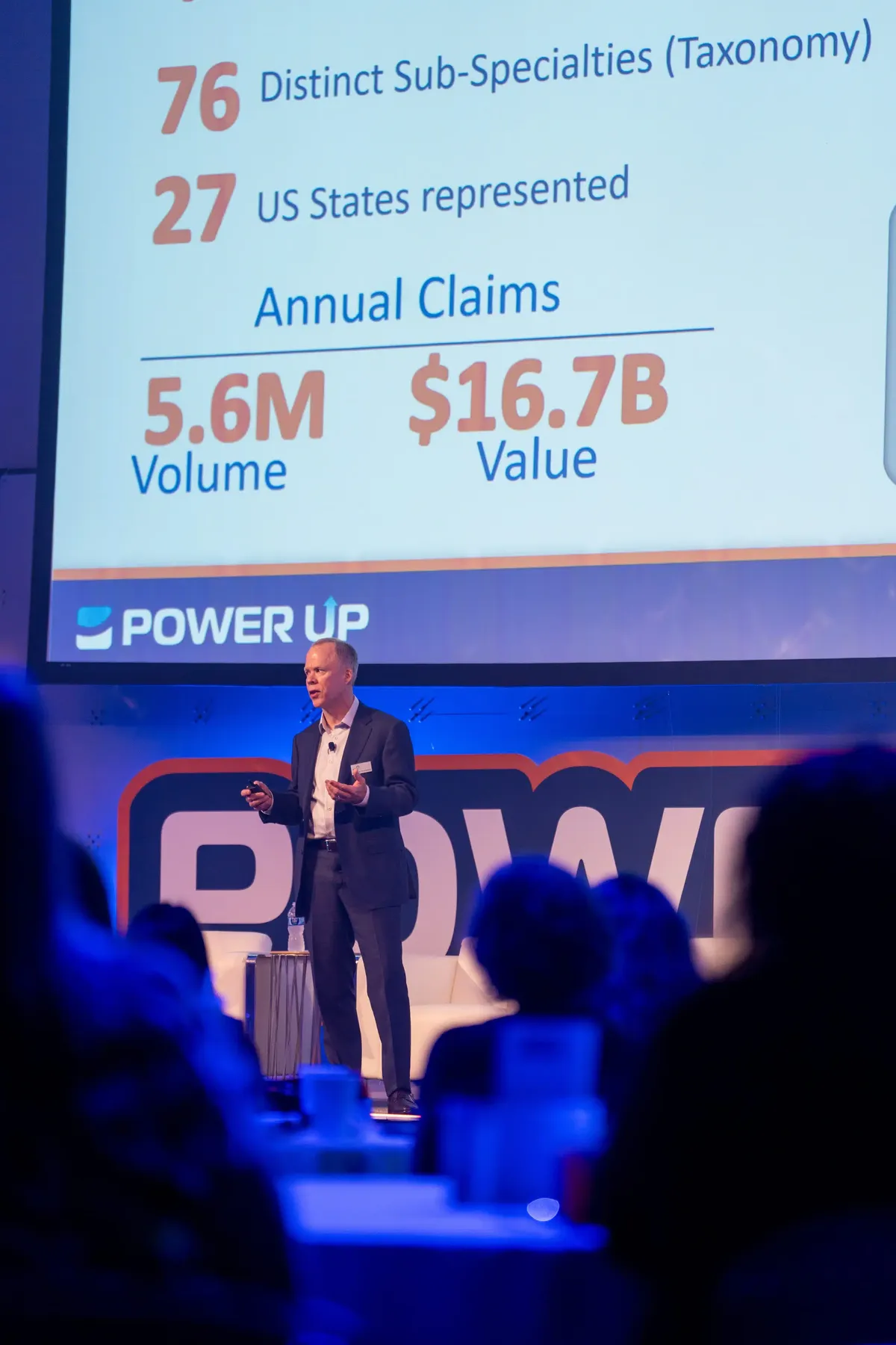 Speaker on stage at the Unlimited Systems Directions user conference, with slides showing 76 sub-specialties and $16.7B in annual claims