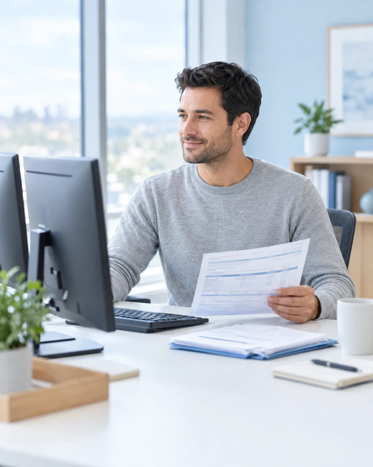 Medical billing specialist at his desk holding a printed remittance and checking his monitor