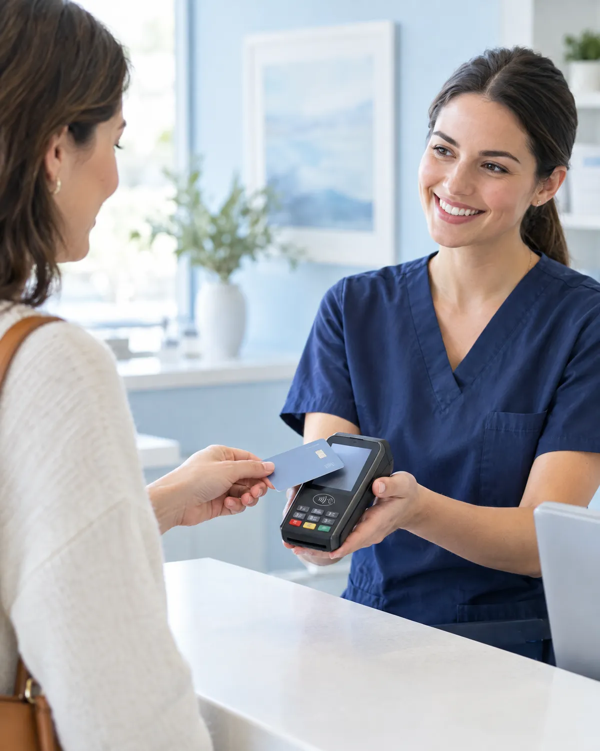 Patient tapping a card on a payment terminal held by a smiling receptionist