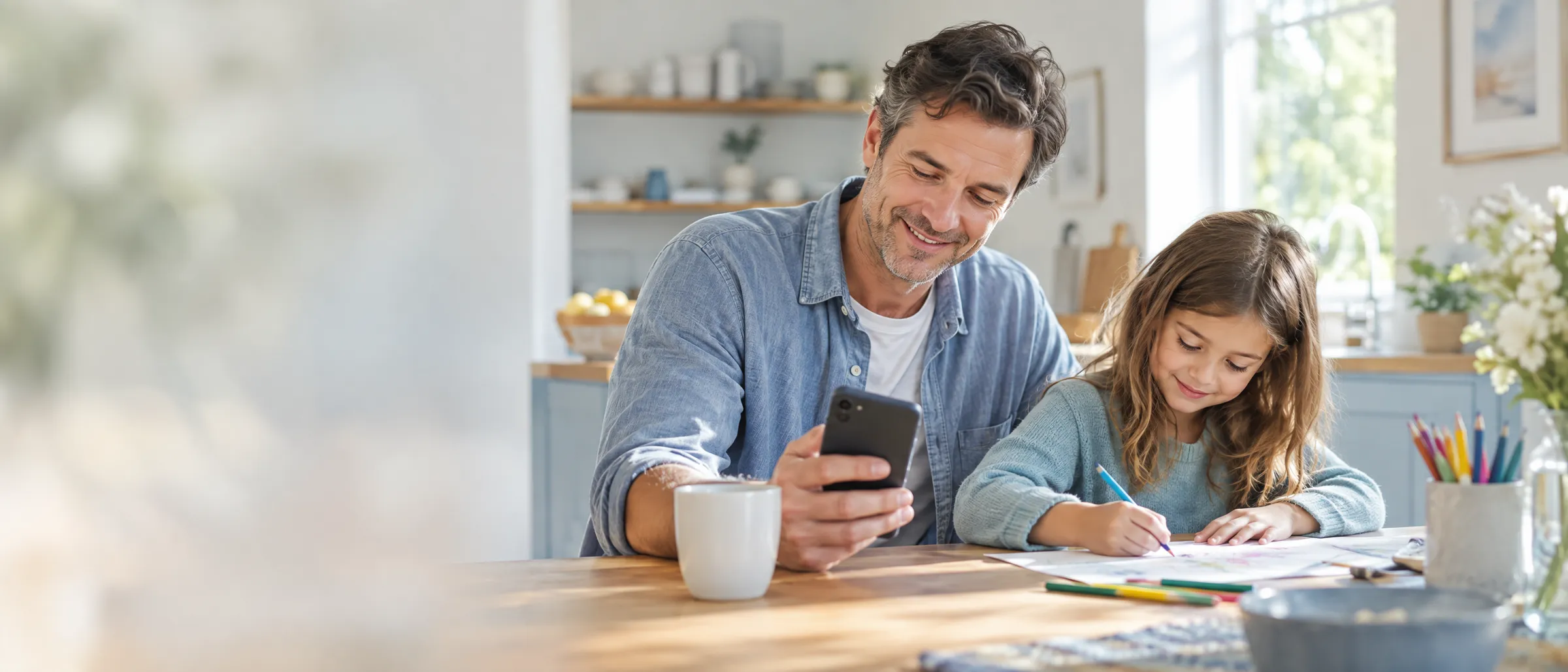 Father smiling at his phone at the kitchen table while his daughter draws beside him
