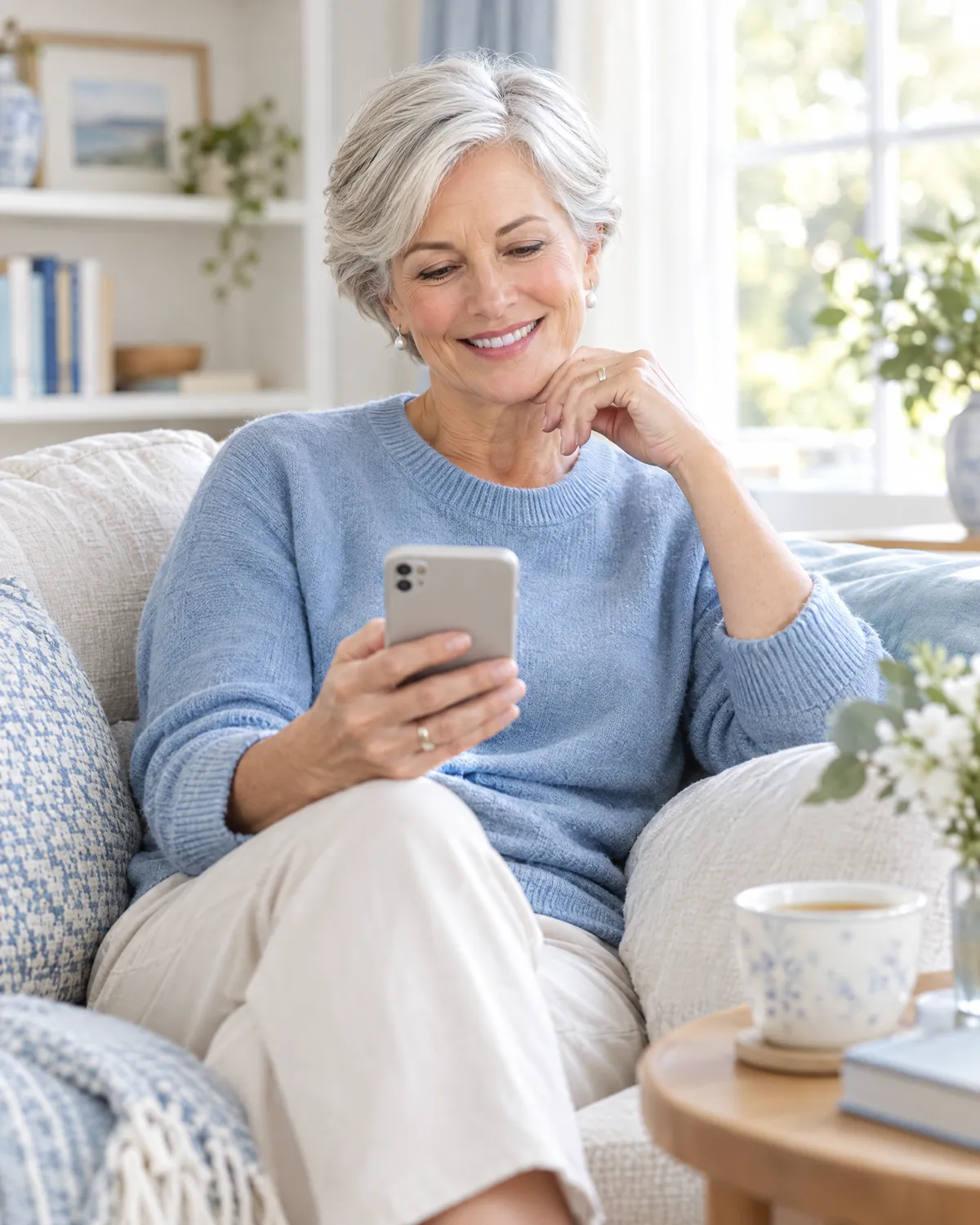 Smiling older woman on her sofa at home reviewing something on her phone