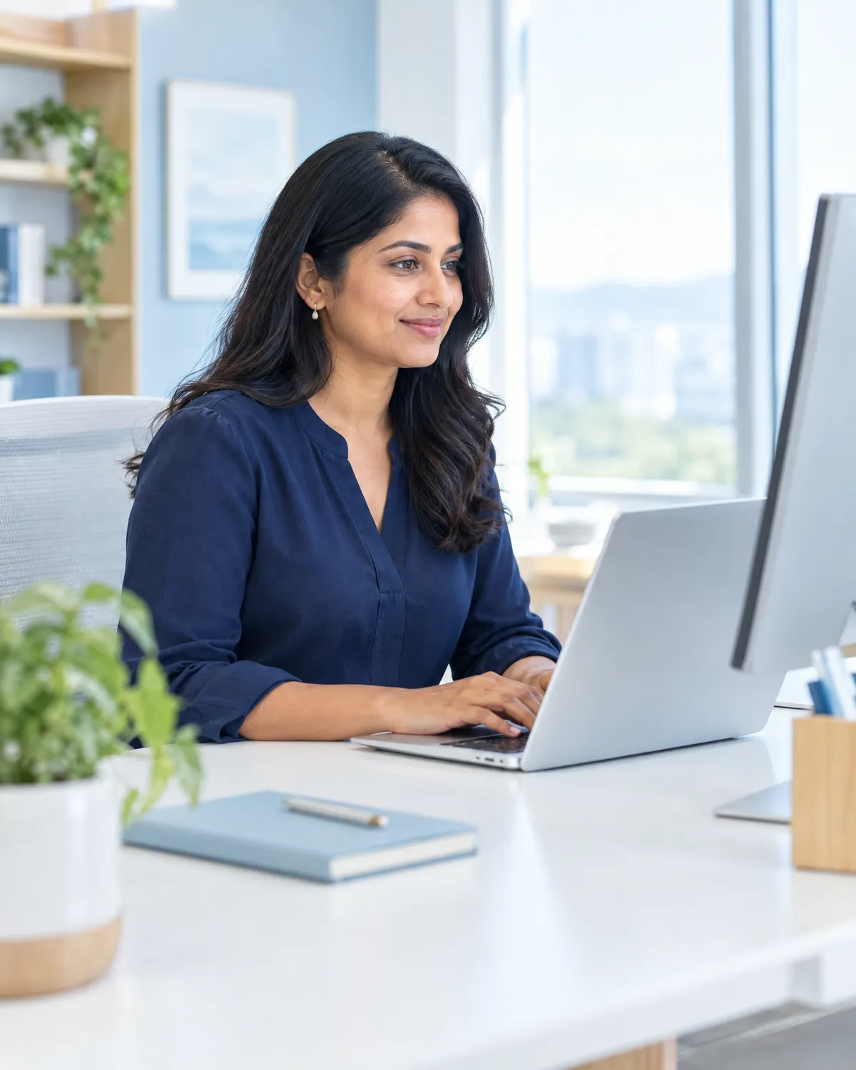 Healthcare IT integration analyst working on a laptop at a bright desk