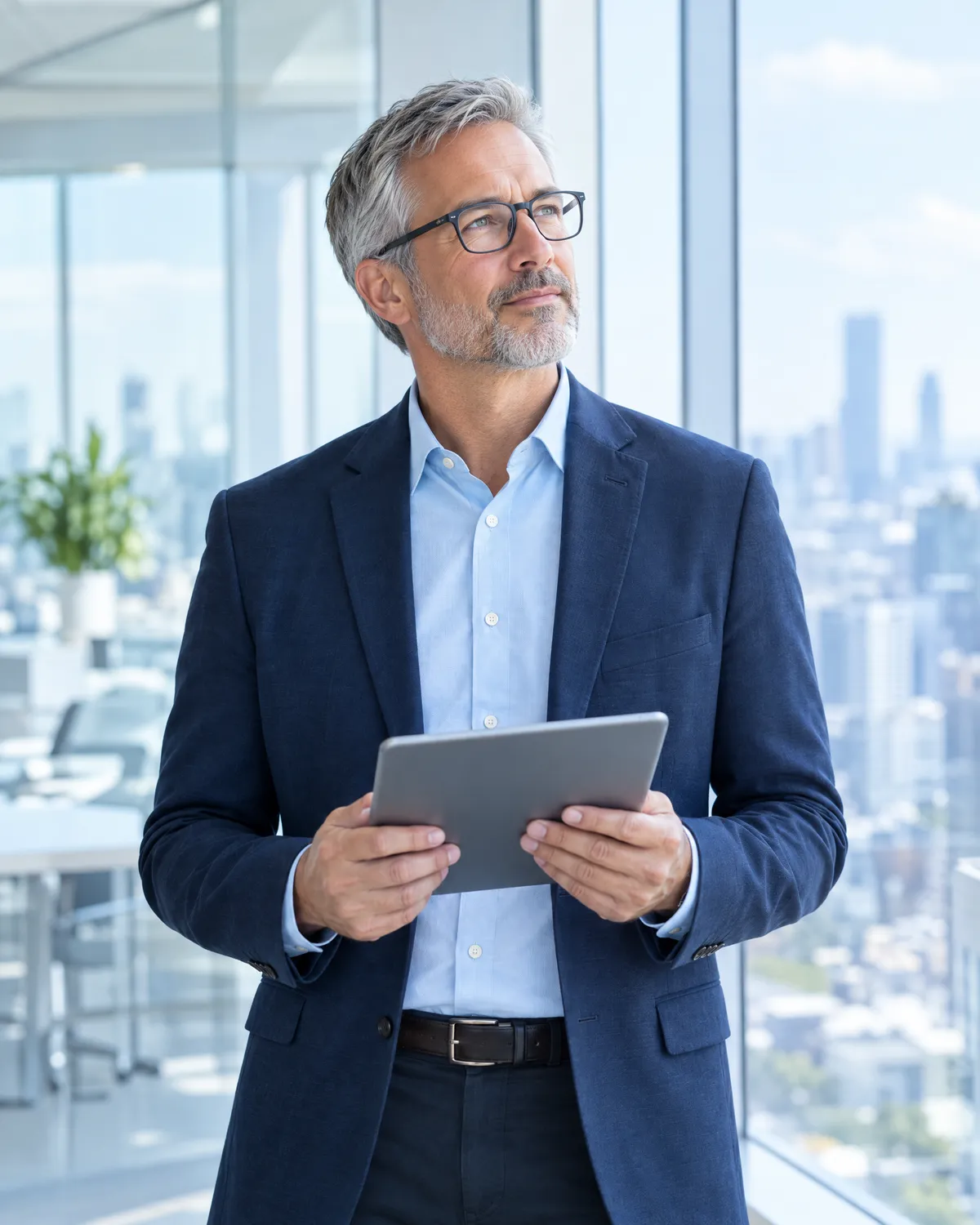 Practice CFO holding a tablet by an office window, looking up thoughtfully