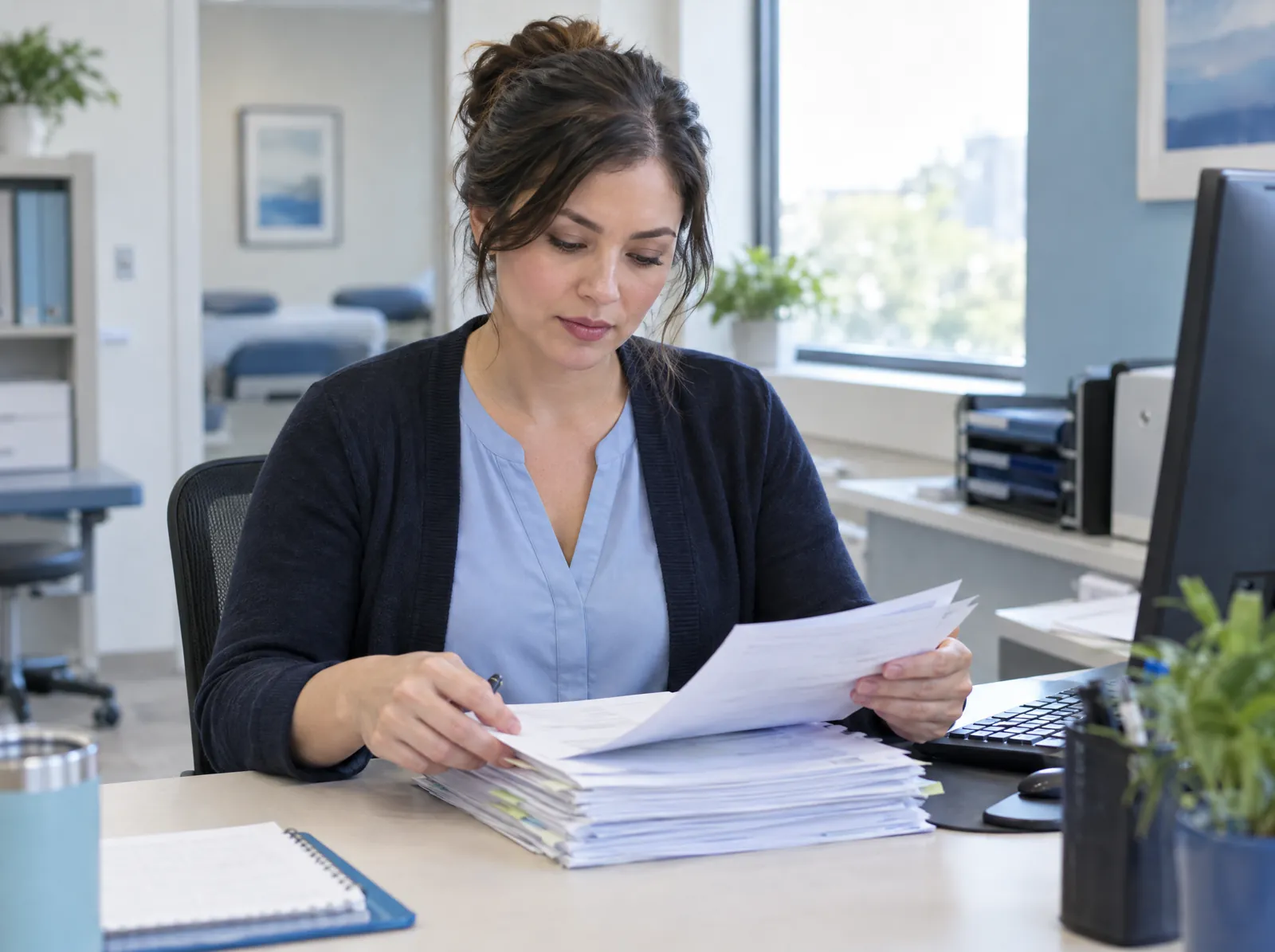 Medical billing software in use: a billing specialist reviewing insurance claim paperwork at a clinic office desk