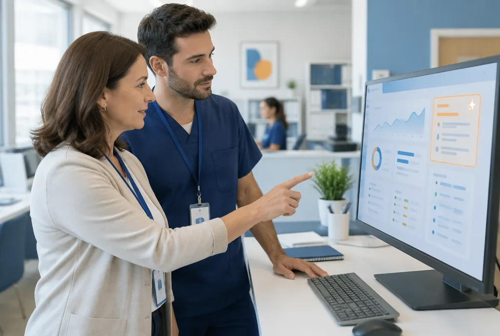 Specialty practice manager and billing specialist reviewing automated alerts on a revenue cycle dashboard