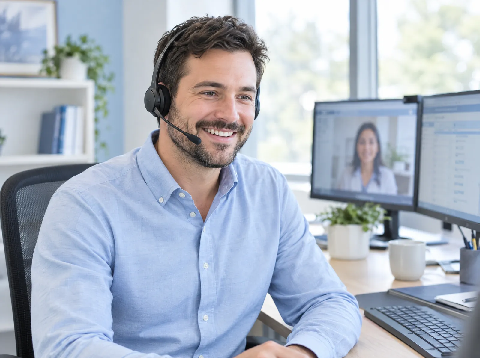 RCM software customer support: a support specialist with a headset helping a clinic client over a video call
