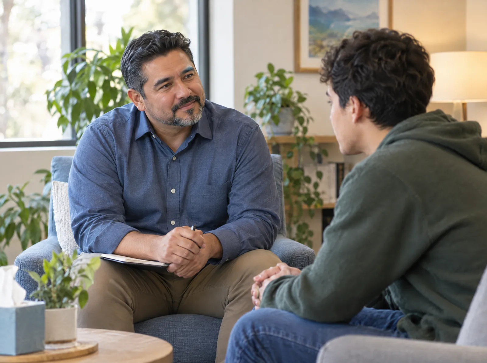 RCM software for Addiction Medicine: counselor in a supportive one-on-one session with a young adult client