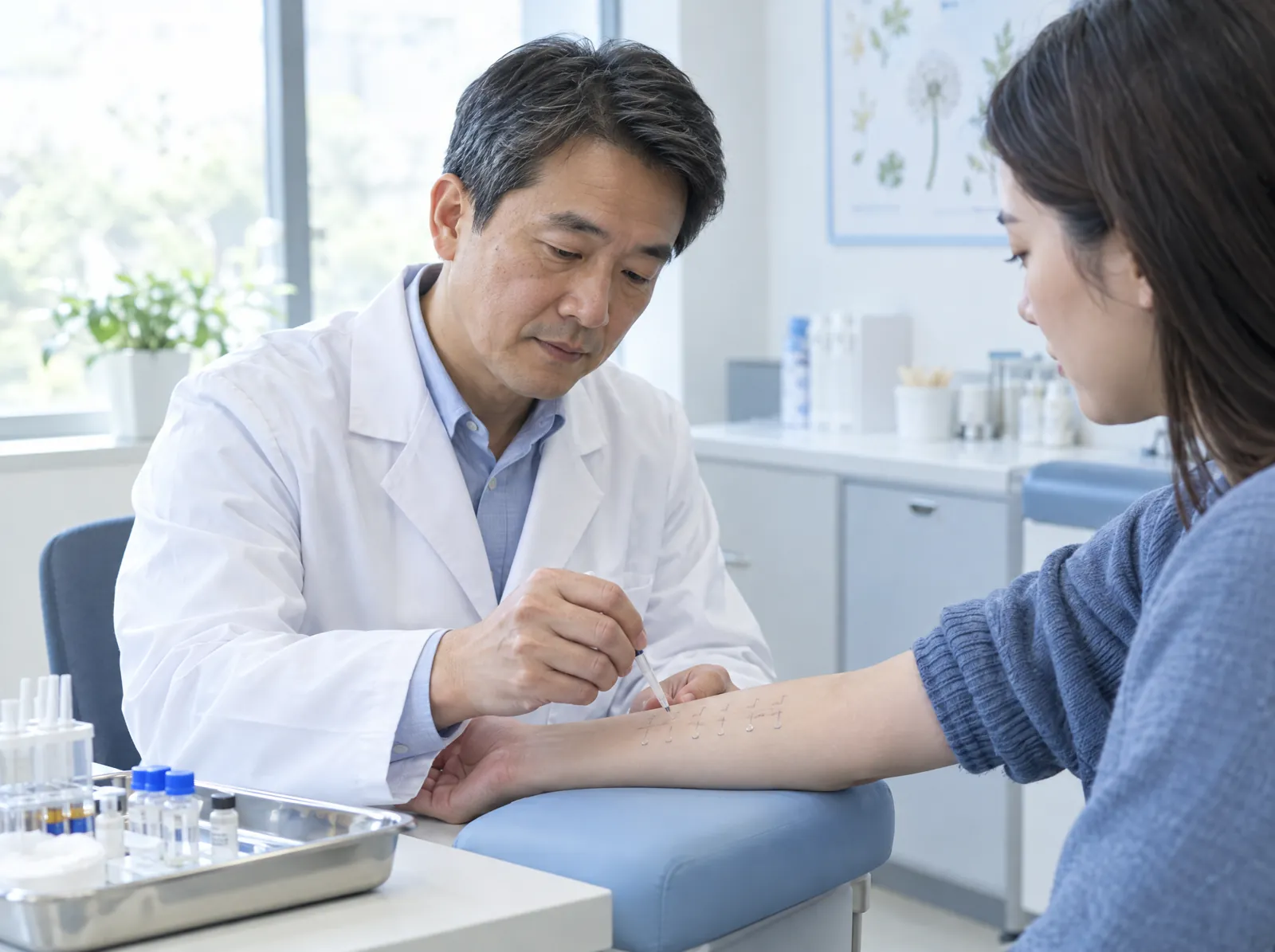 RCM software for Allergy & Immunology: allergist performing a skin prick allergy test on a patient's forearm