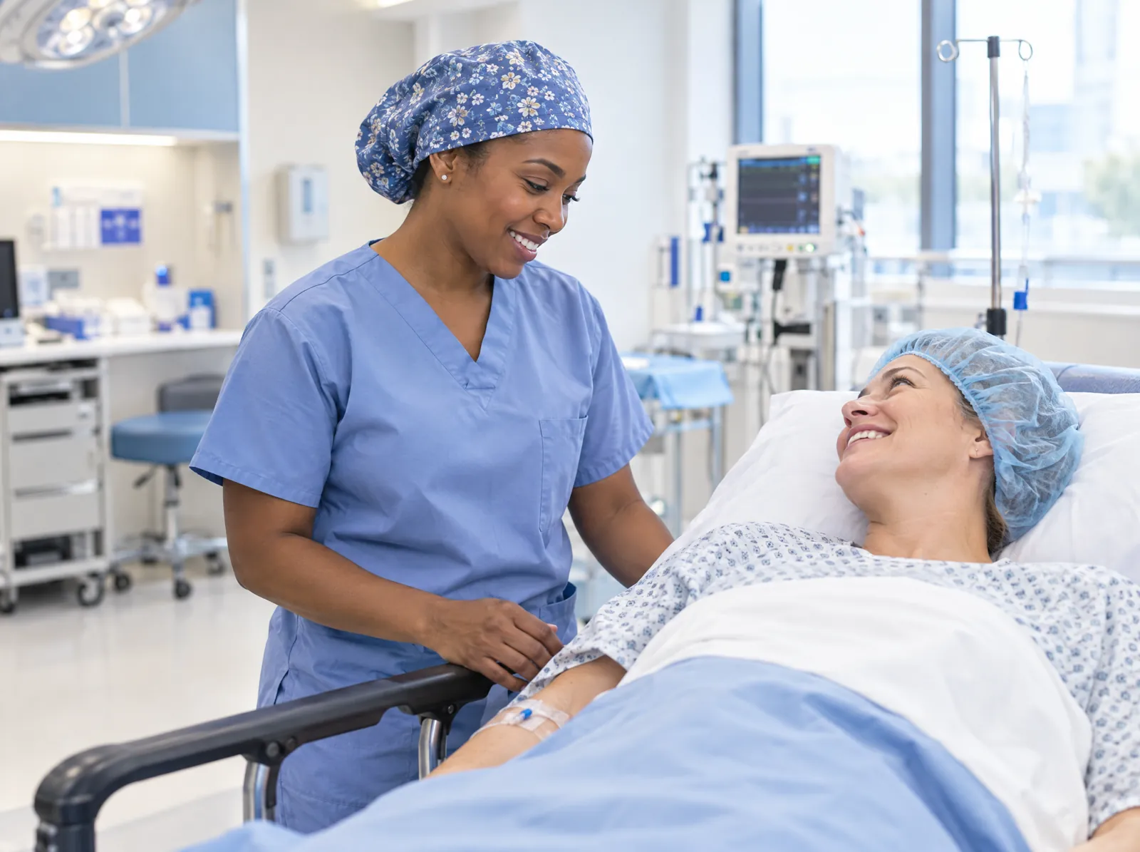 RCM software for Ambulatory Surgery Center: pre-operative nurse preparing a smiling patient in an ambulatory surgery center