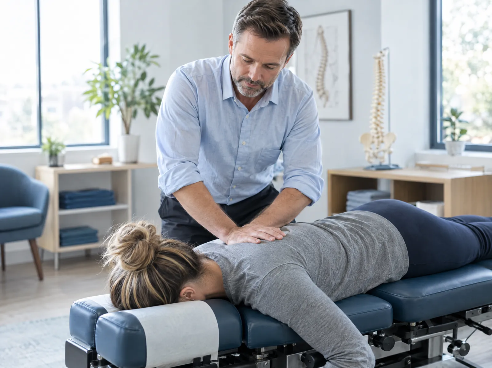 RCM software for Chiropractic: chiropractor assessing a patient lying on a chiropractic table