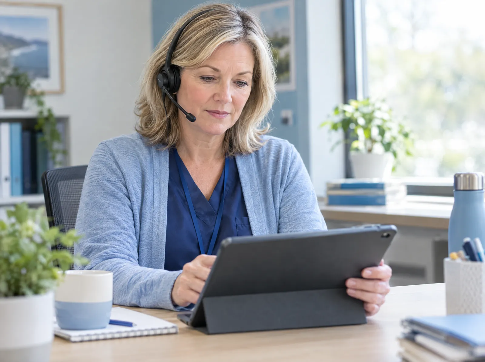 RCM software for Chronic Care: care manager nurse on a headset reviewing a care plan on a tablet