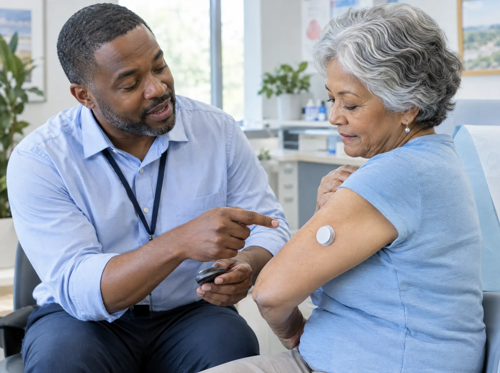 RCM software for Diabetes Care: diabetes educator showing a patient her continuous glucose monitor