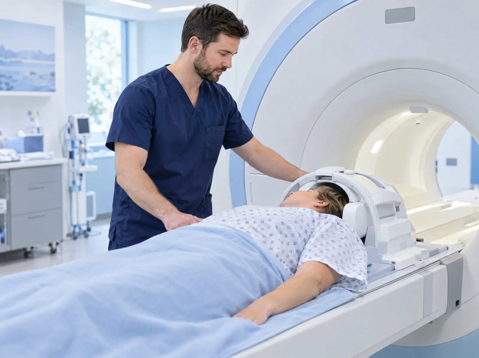 RCM software for Diagnostic Imaging: radiology technologist positioning a patient for an MRI scan