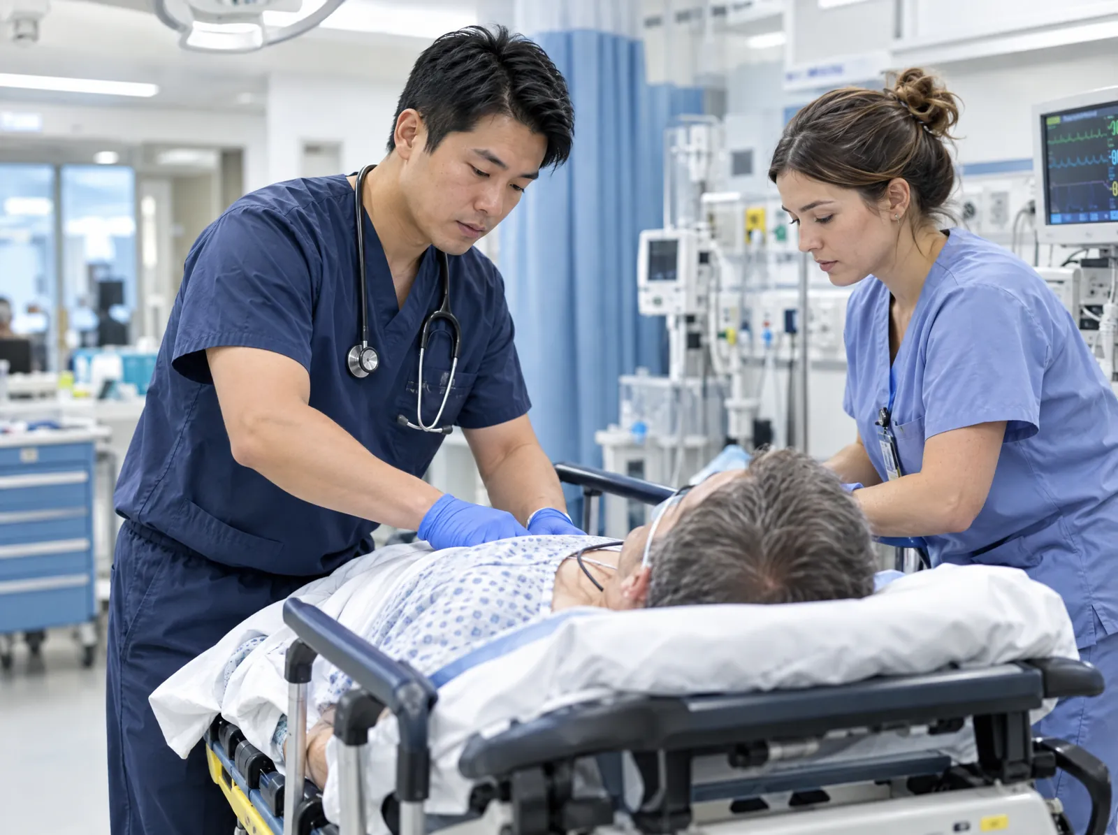 RCM software for Emergency Medicine: emergency physician and nurse attending a patient in an emergency department bay