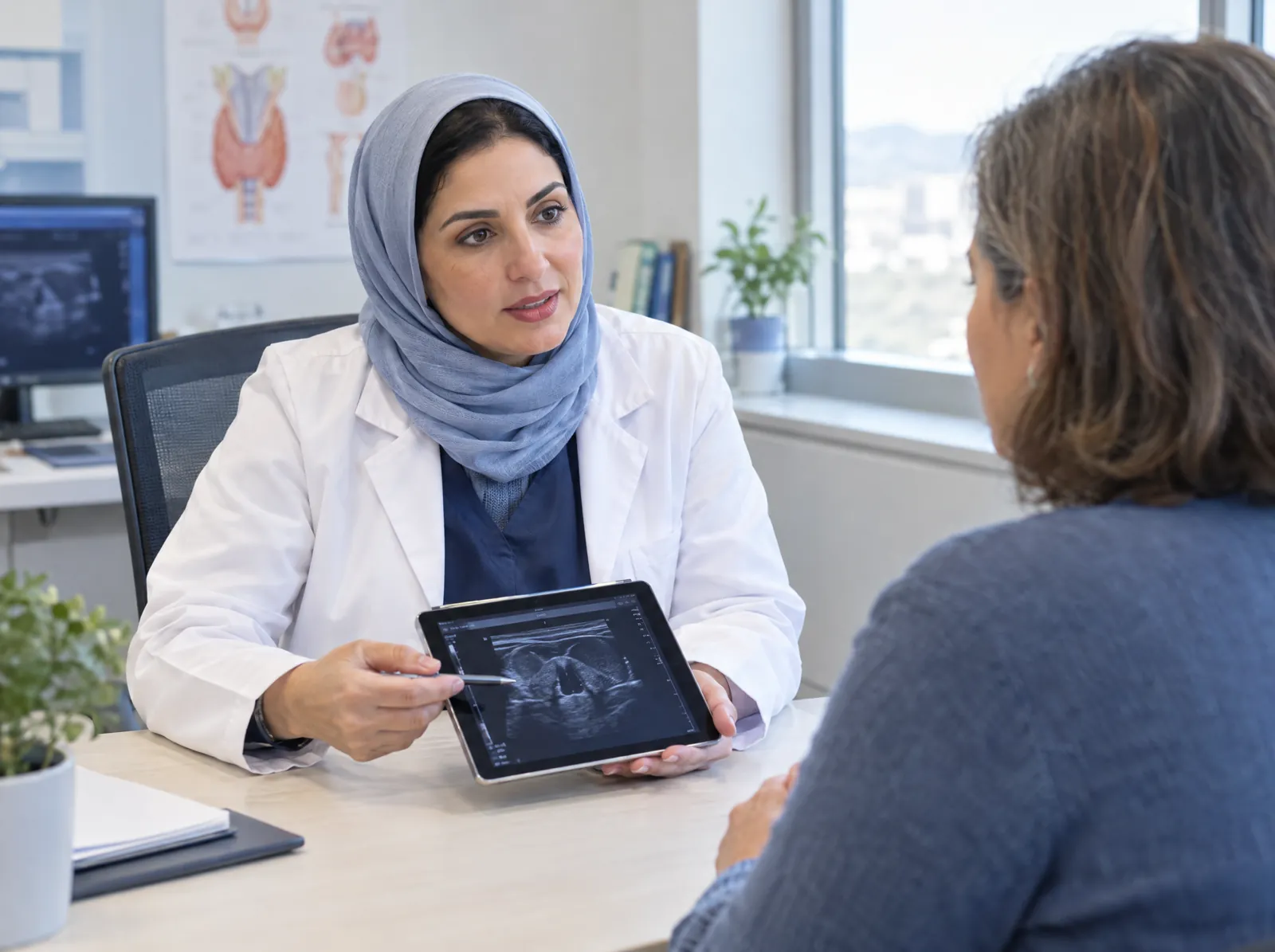 RCM software for Endocrinology: endocrinologist discussing a thyroid ultrasound with a patient
