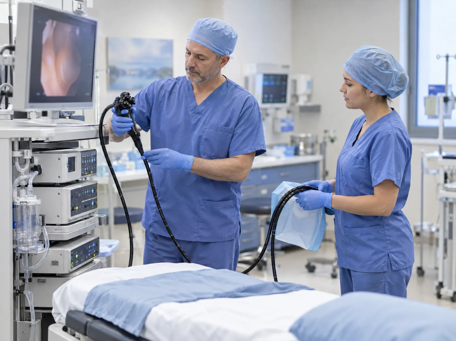 RCM software for Endoscopy Center: gastroenterologist and nurse preparing an endoscopy suite