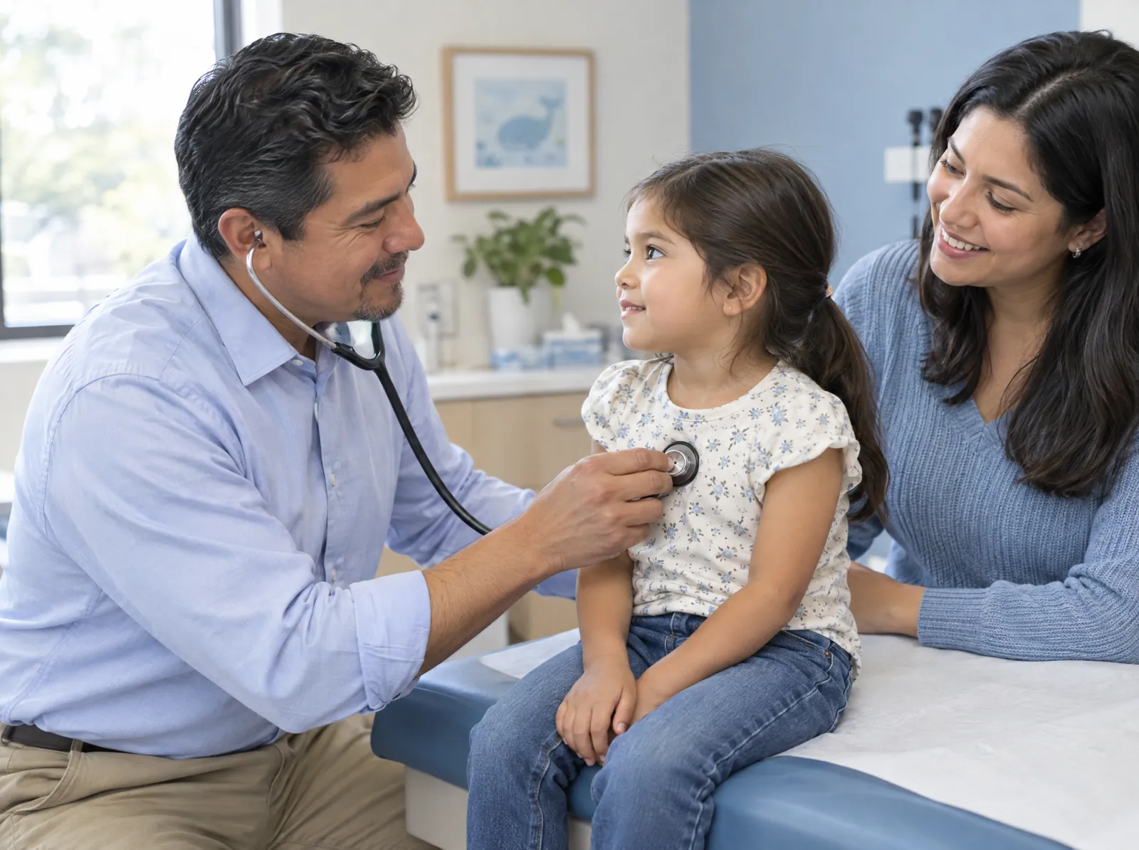 RCM software for Family Medicine: family physician listening to a young child's heart as her mother looks on