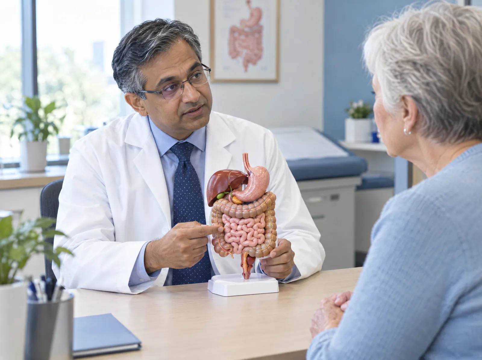 RCM software for Gastroenterology: gastroenterologist explaining a digestive system model to a patient