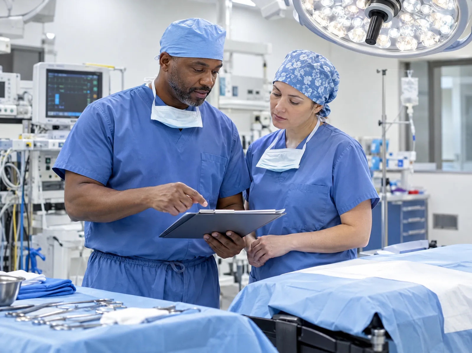 RCM software for General Surgery: general surgeon reviewing the plan with an operating room nurse