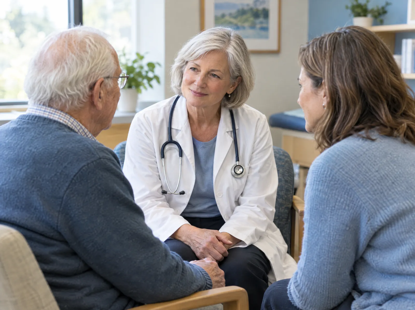 RCM software for Geriatrics: geriatrician talking with an older man and his daughter