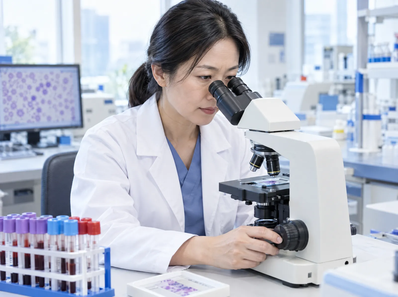 RCM software for Hematology: hematologist examining a blood smear under a microscope