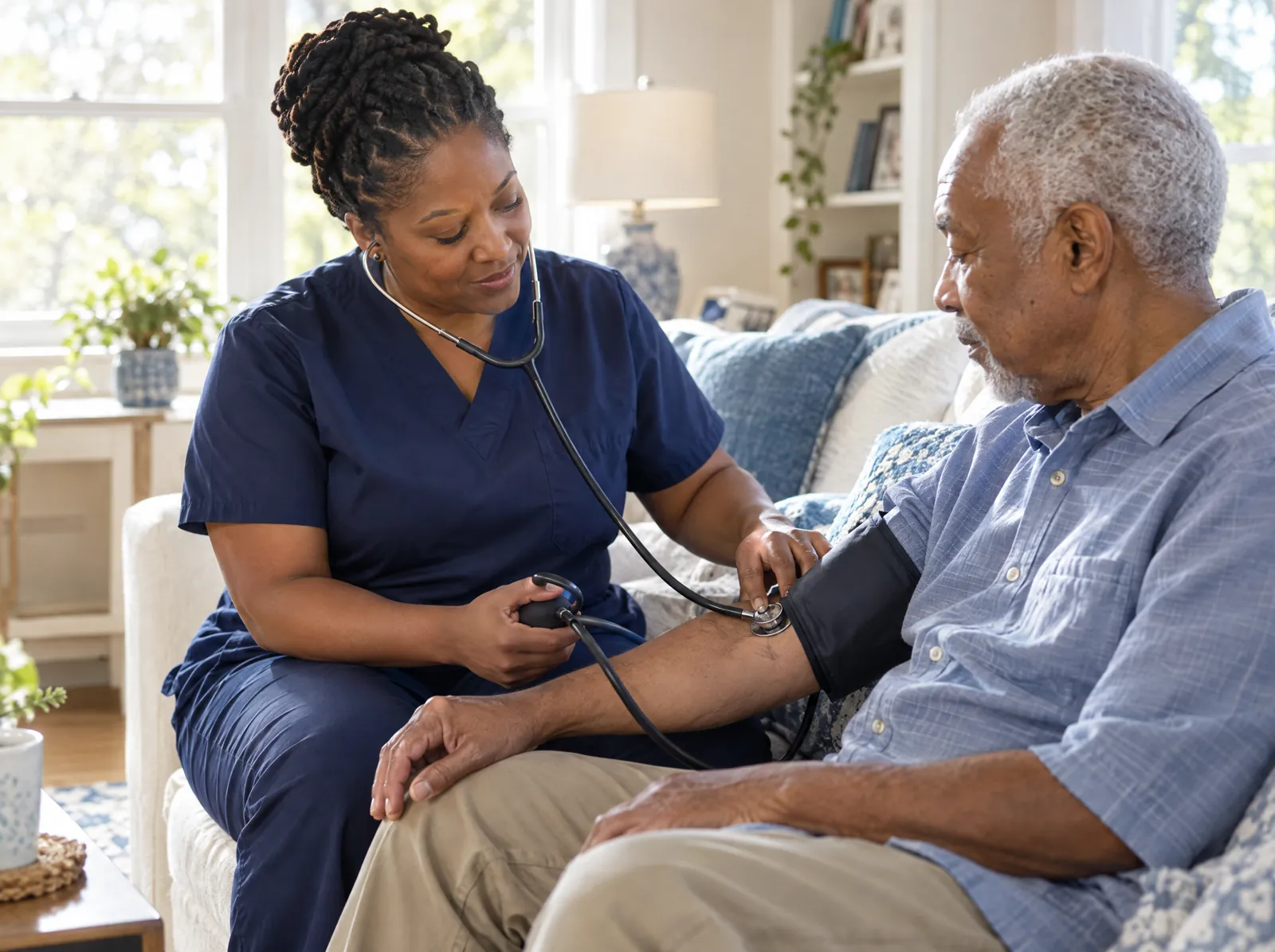 RCM software for Home Health: home health nurse checking an older man's blood pressure at home