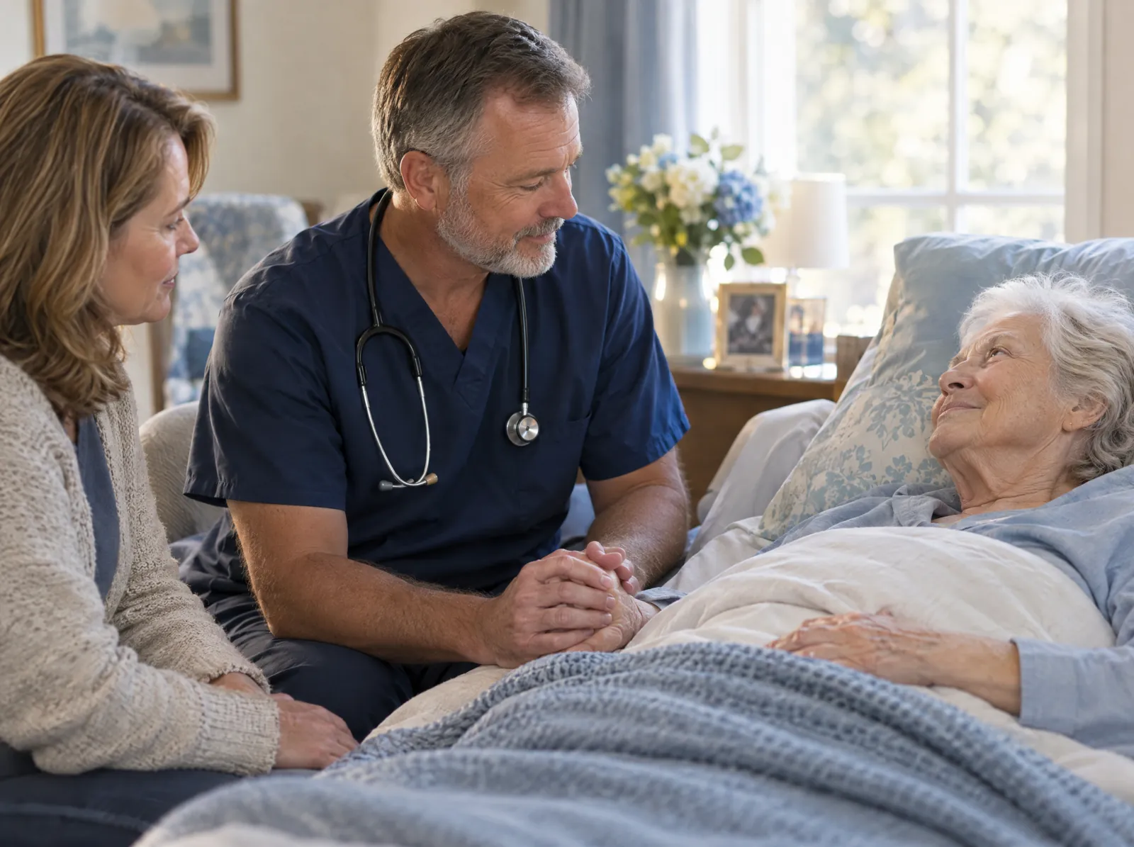 RCM software for Hospice: hospice nurse sitting with an older woman and her family at home
