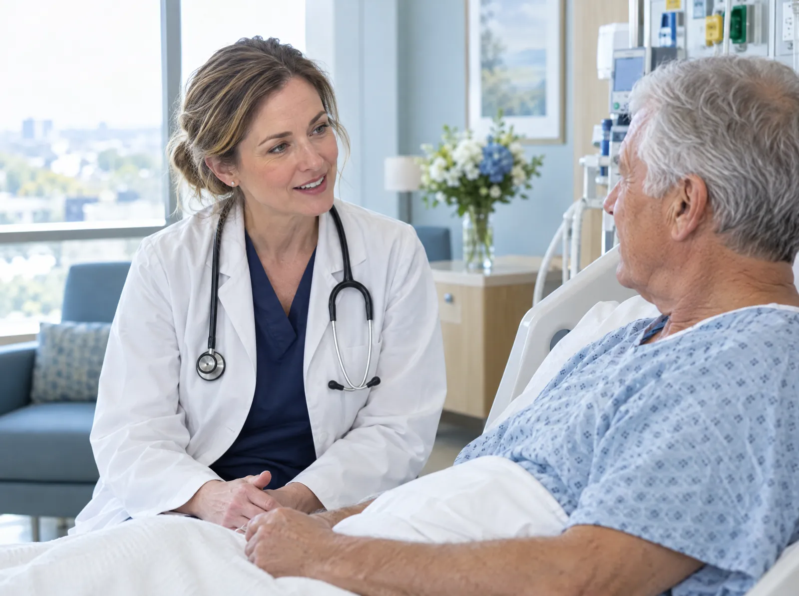 RCM software for Hospitalists: hospitalist talking with a patient during morning rounds