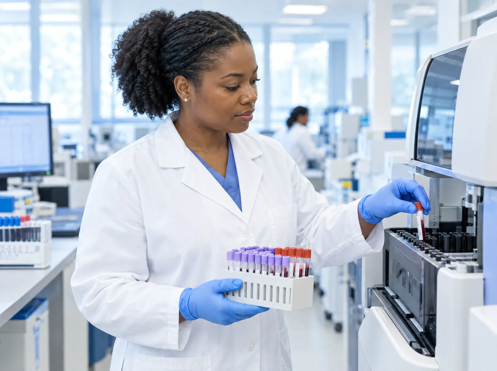 RCM software for Laboratories: clinical laboratory scientist loading sample tubes into an analyzer