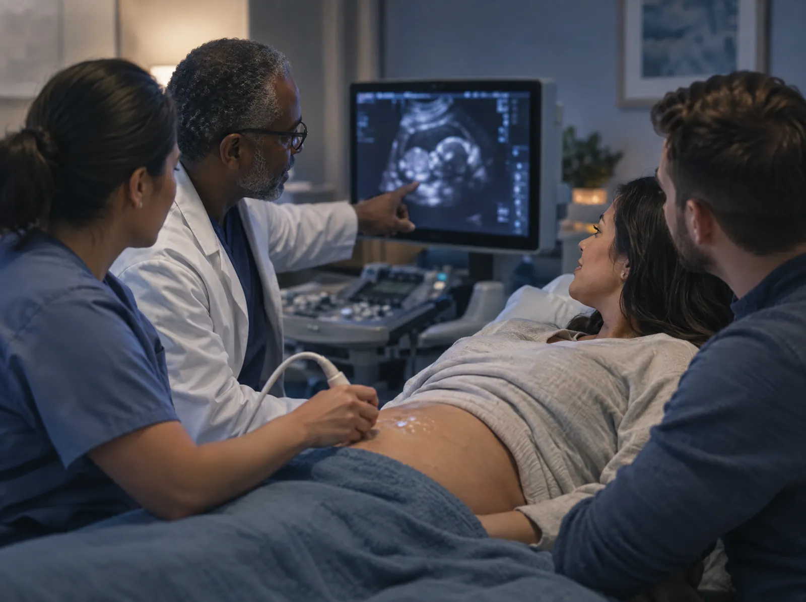 RCM software for Maternal-Fetal Medicine: maternal-fetal medicine specialist reviewing a fetal ultrasound with expectant parents