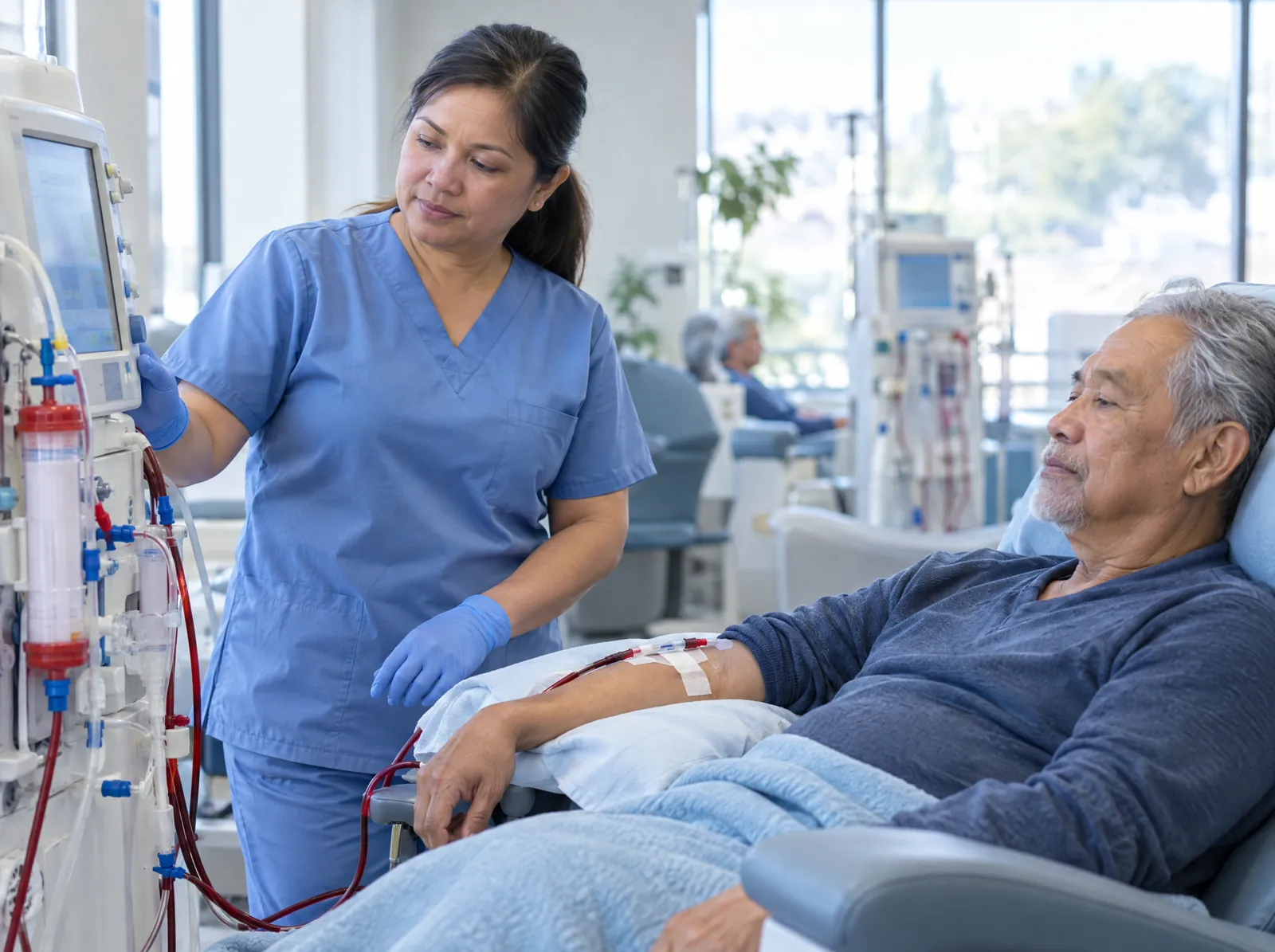 RCM software for Nephrology: dialysis nurse checking a hemodialysis machine beside a patient