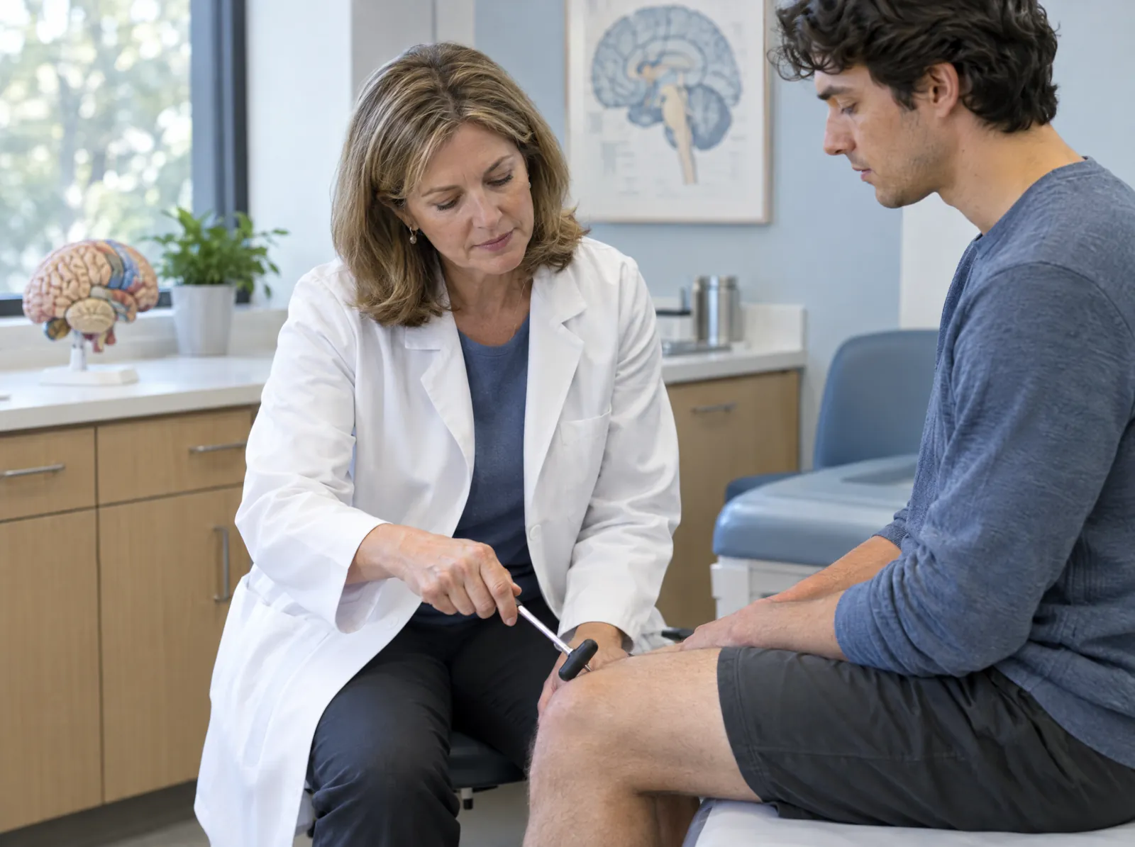 RCM software for Neurology: neurologist performing a reflex exam on a patient