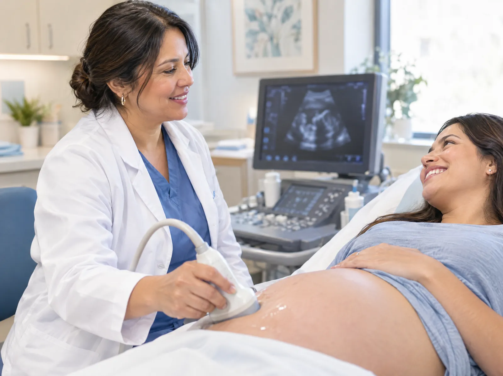 RCM software for OB/GYN: obstetrician performing a prenatal ultrasound