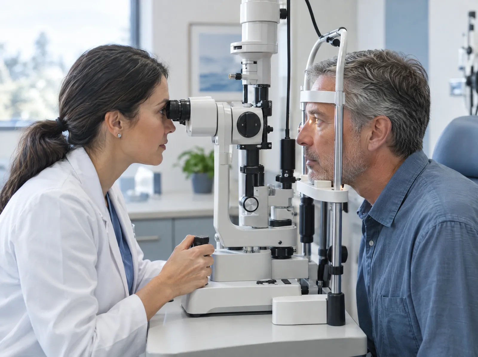 RCM software for Ophthalmology: ophthalmologist examining a patient with a slit lamp