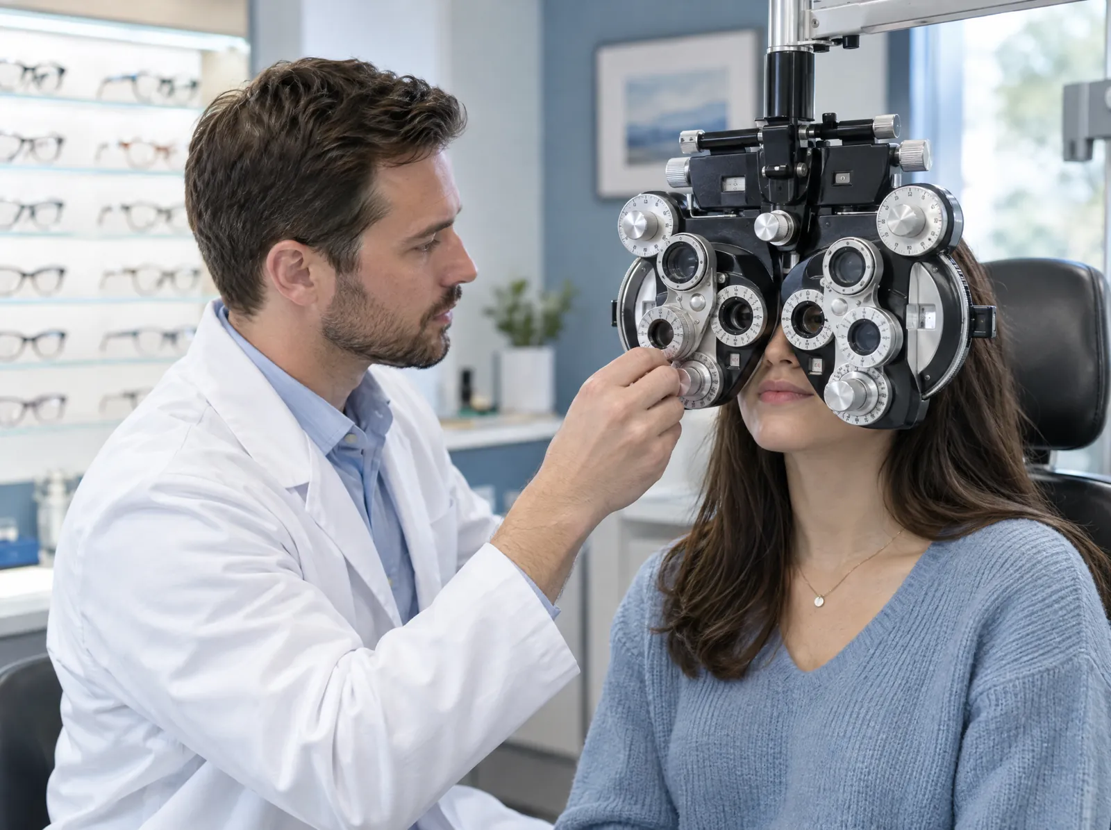 RCM software for Optometry: optometrist testing a patient's vision with a phoropter