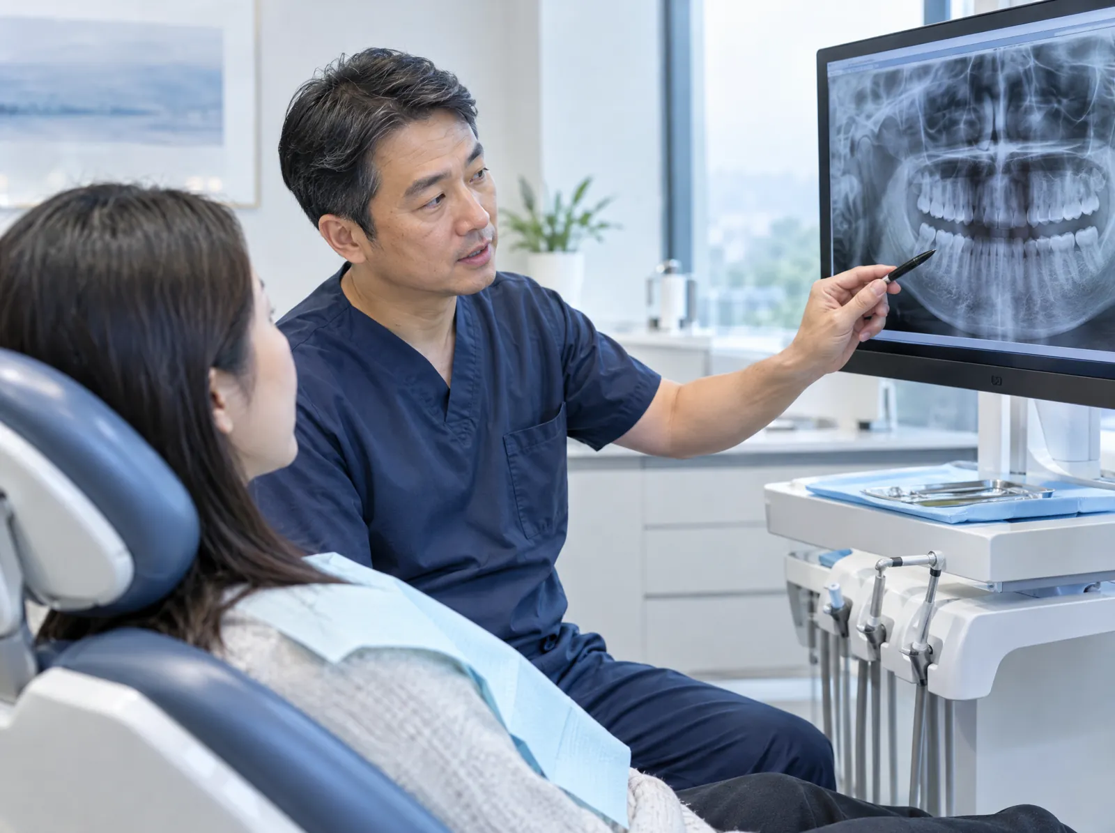 RCM software for Oral & Maxillofacial Surgery: oral surgeon reviewing a panoramic dental X-ray with a patient