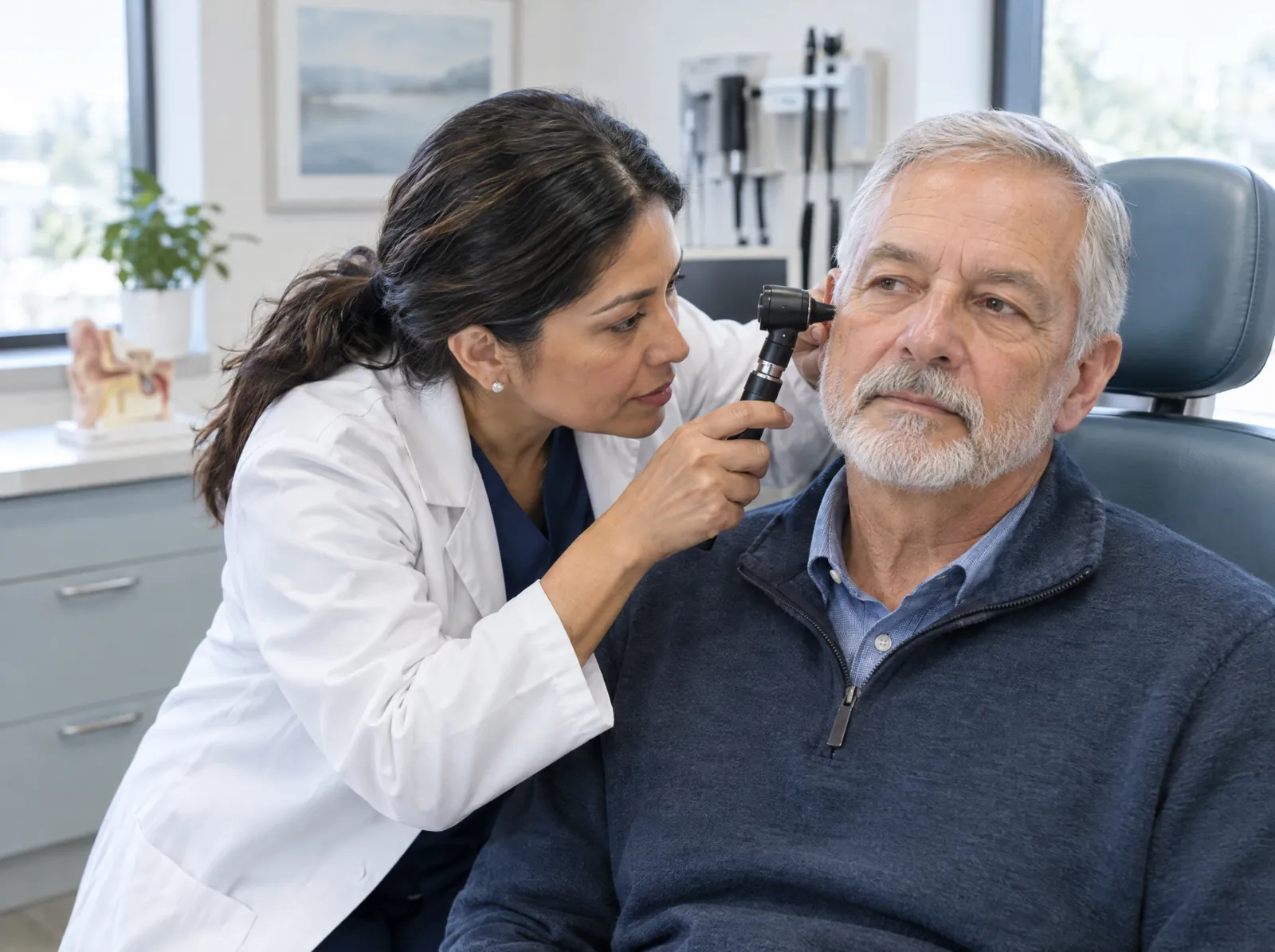 RCM software for Otolaryngology (ENT): ENT physician examining a patient's ear with an otoscope