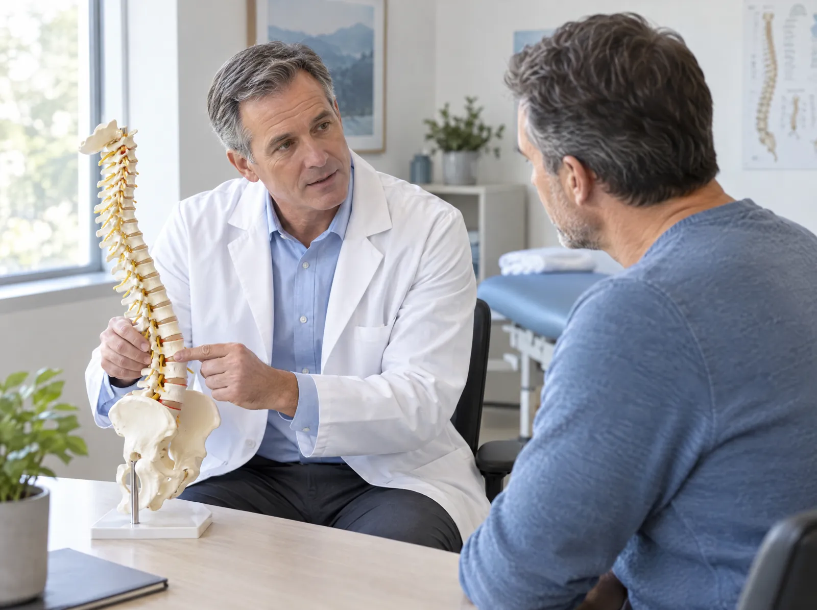RCM software for Pain Management: pain management physician explaining a spine model to a patient