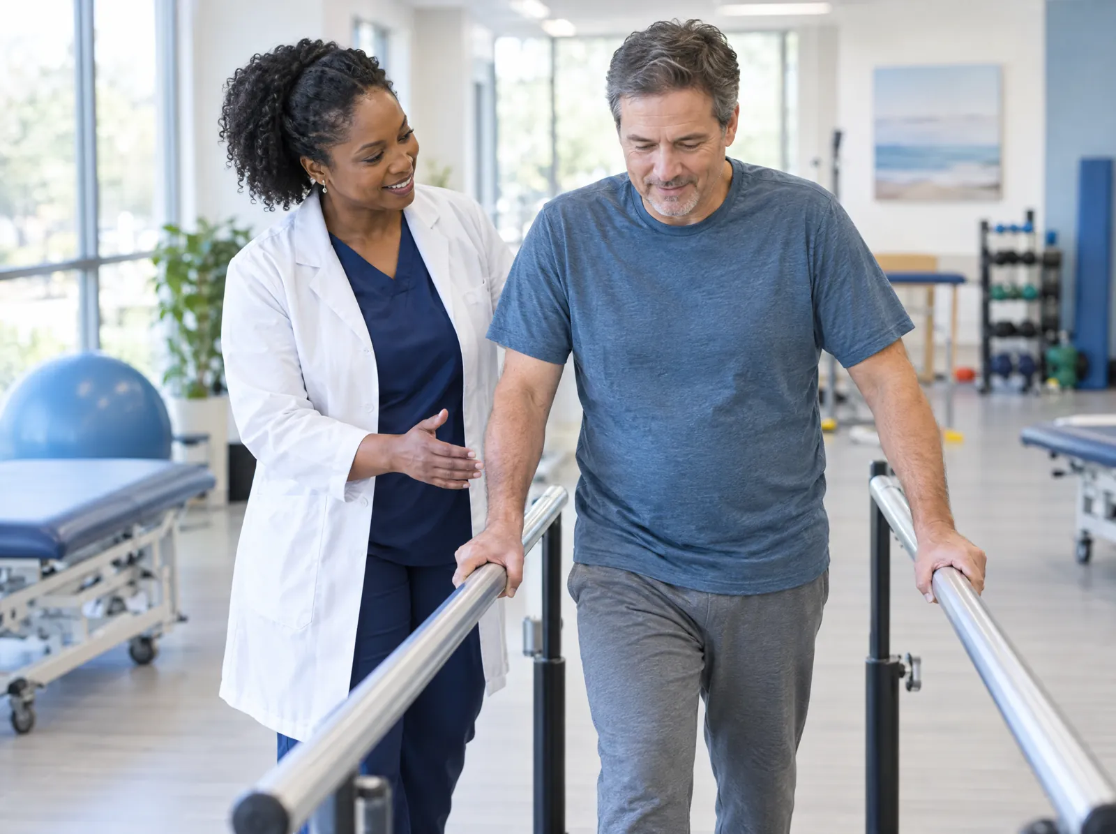 RCM software for Physical Medicine & Rehabilitation: rehabilitation physician guiding a patient between parallel bars