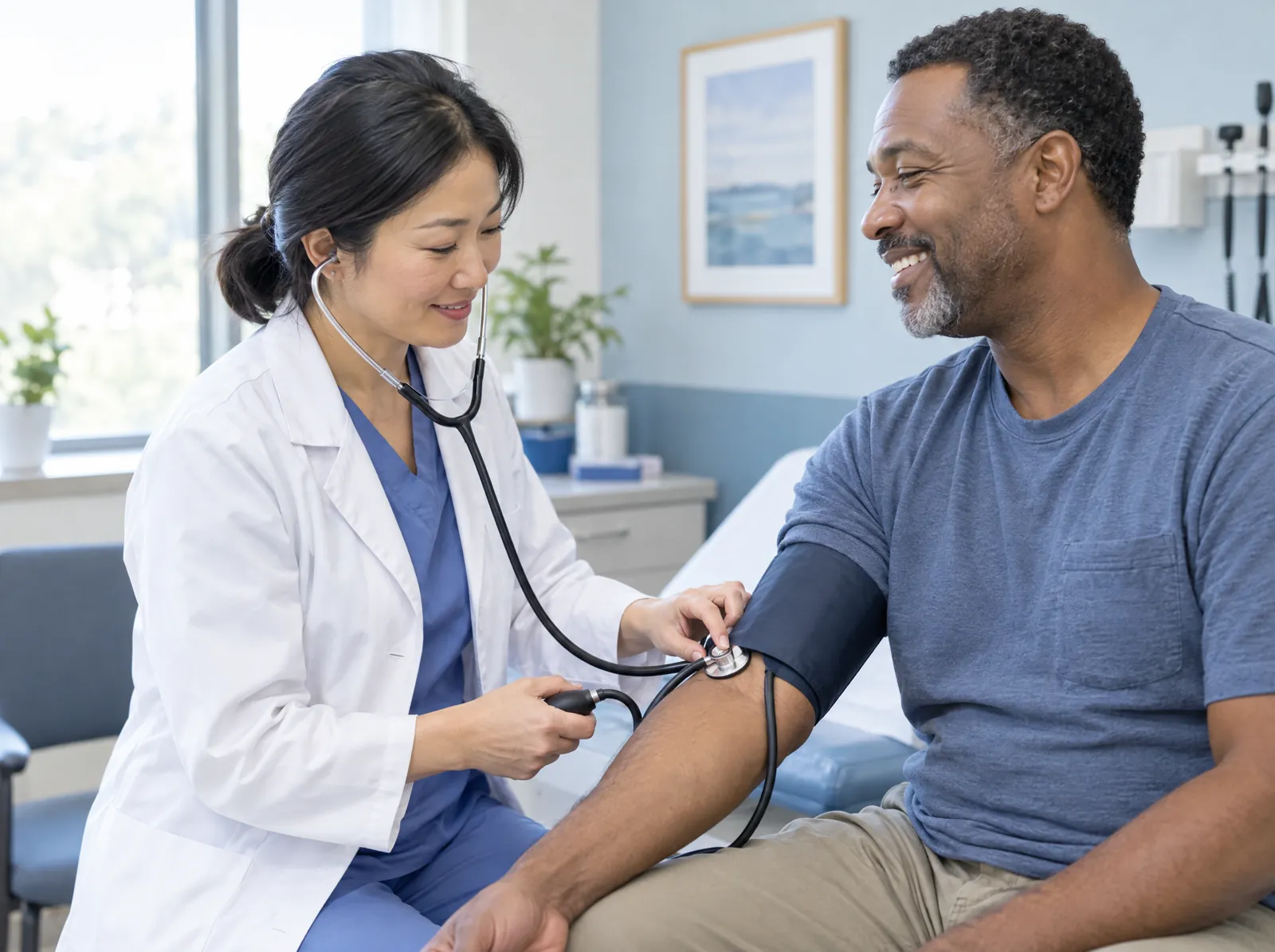 RCM software for Primary Care: primary care physician taking a patient's blood pressure during a checkup