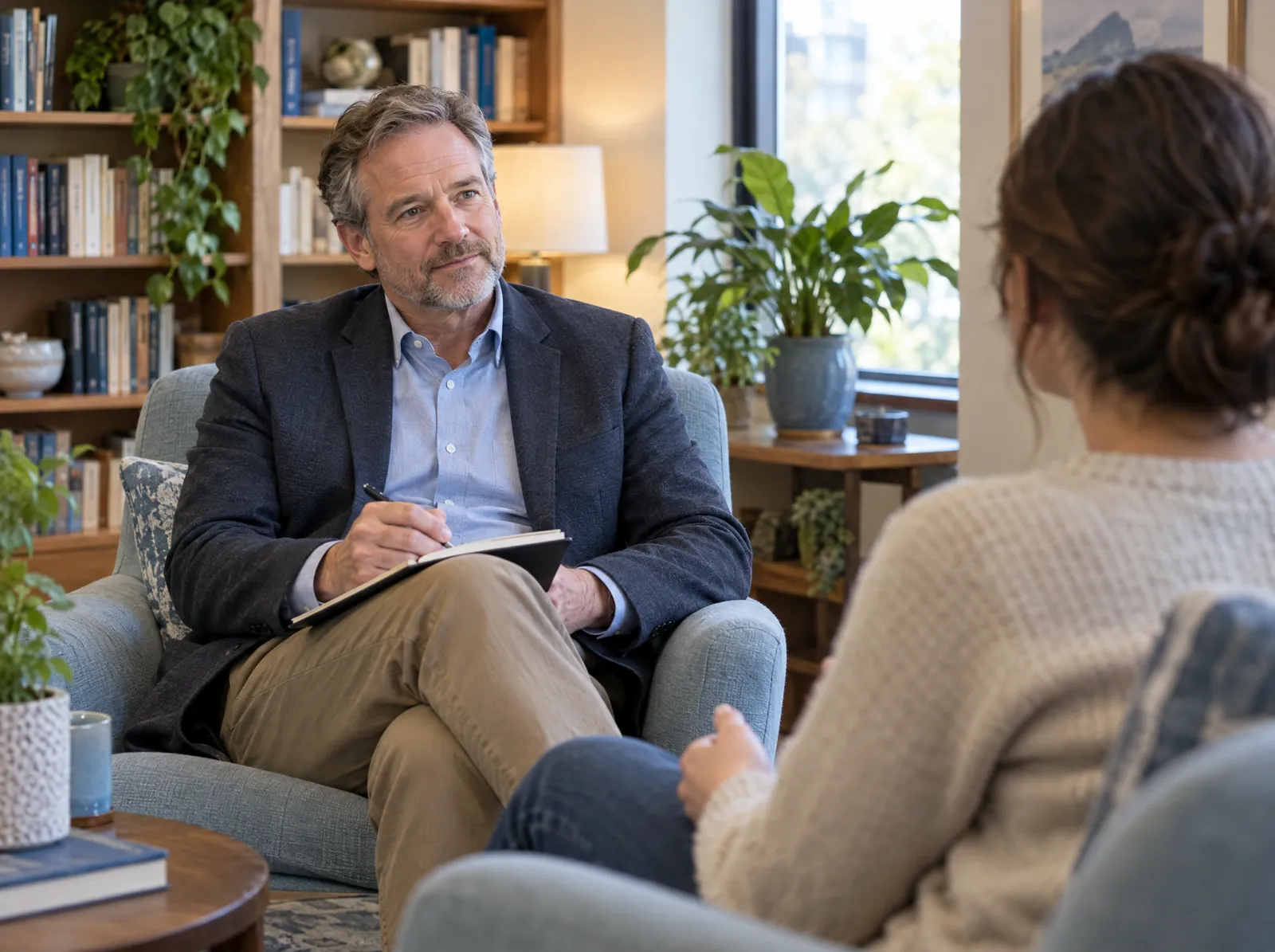 RCM software for Psychiatry: psychiatrist in conversation with a patient in a calm office