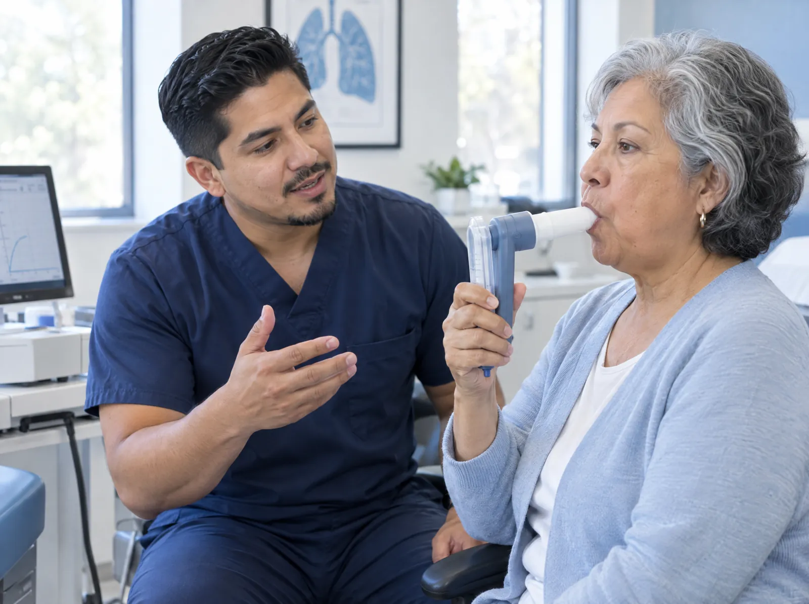 RCM software for Pulmonology: respiratory therapist coaching a patient through a pulmonary function test