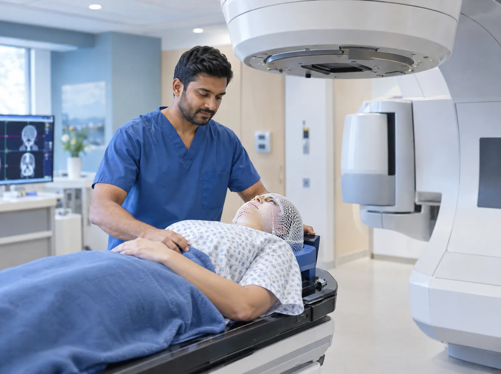 RCM software for Radiation Oncology: radiation therapist positioning a patient at a linear accelerator