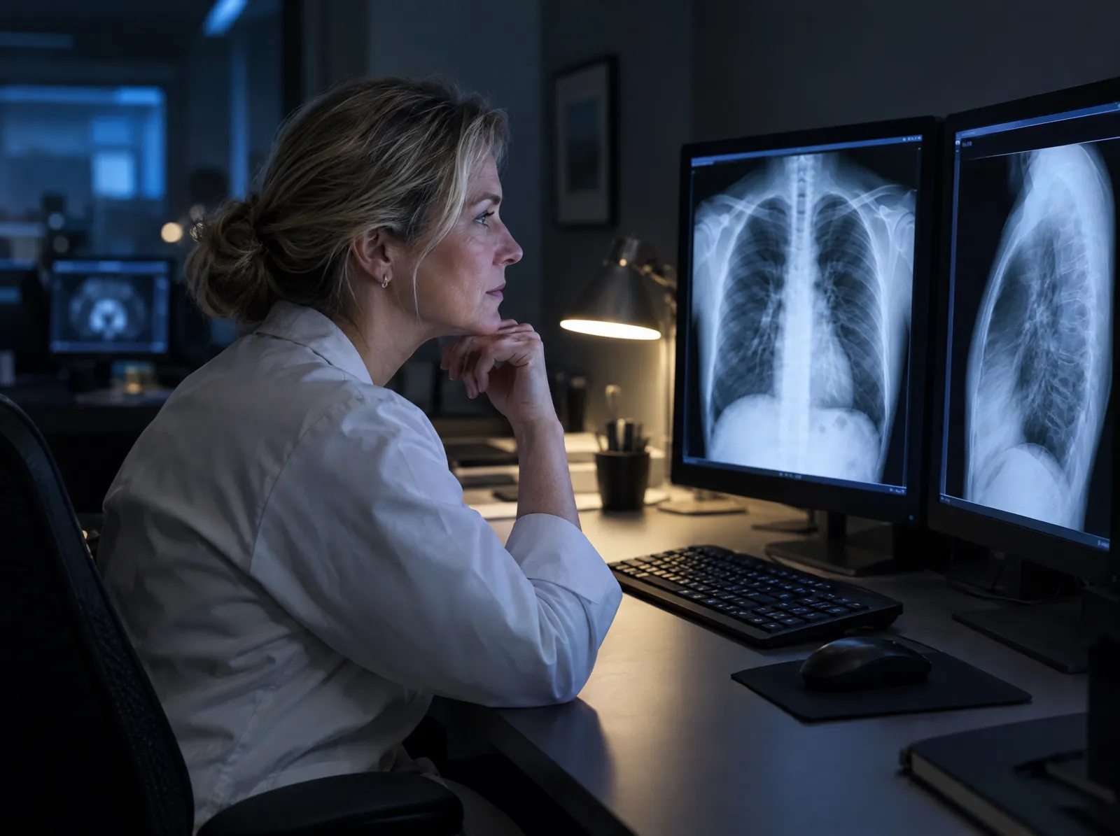 RCM software for Radiology: radiologist reading a chest X-ray in a reading room
