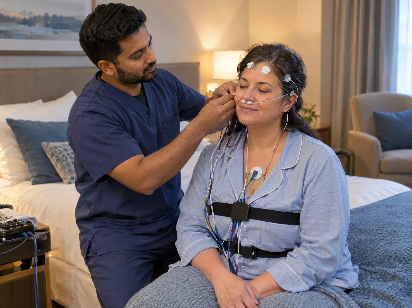 RCM software for Sleep Medicine: sleep technologist attaching sleep study sensors to a patient