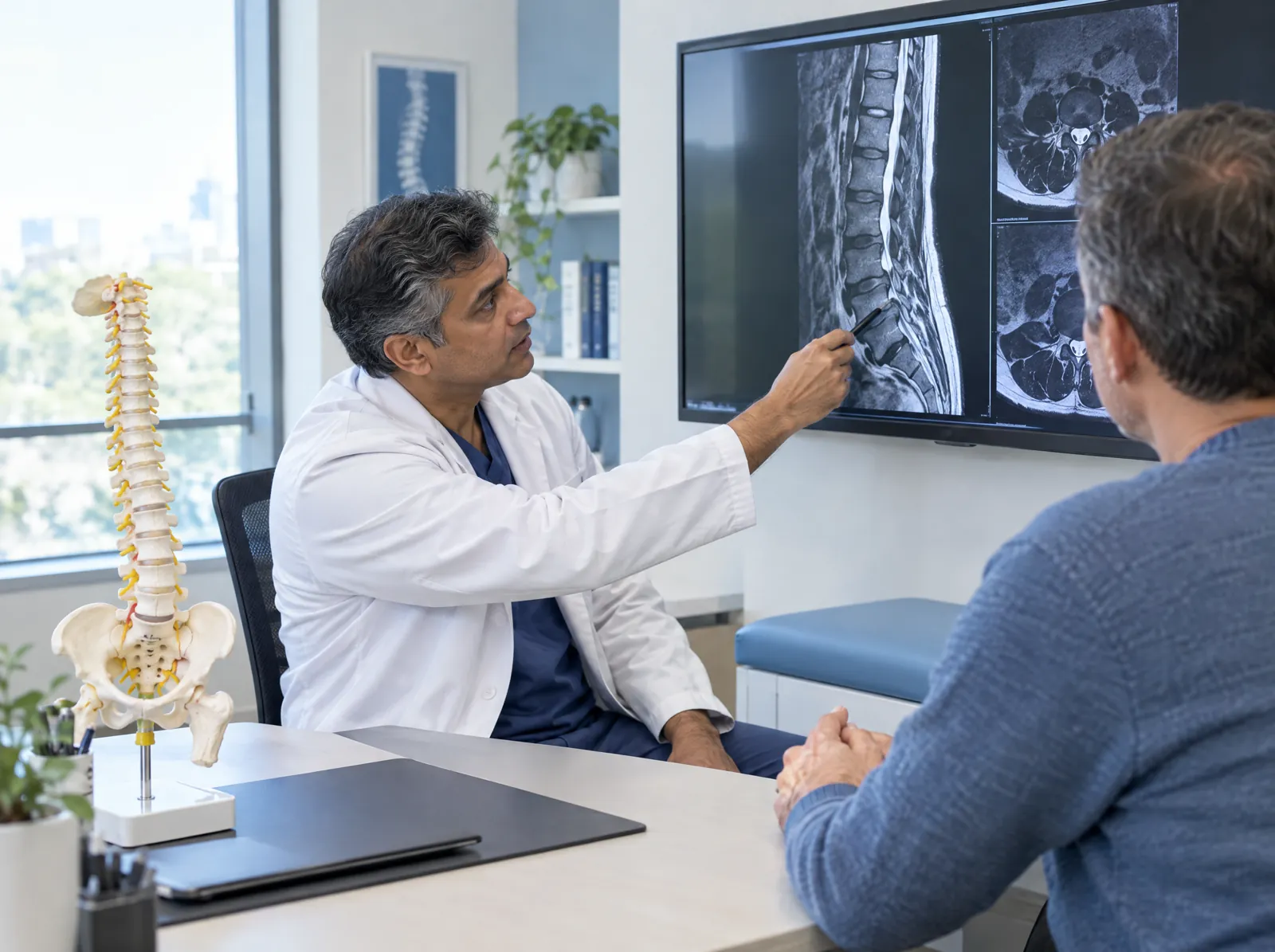 RCM software for Spine: spine surgeon reviewing a lumbar MRI with a patient