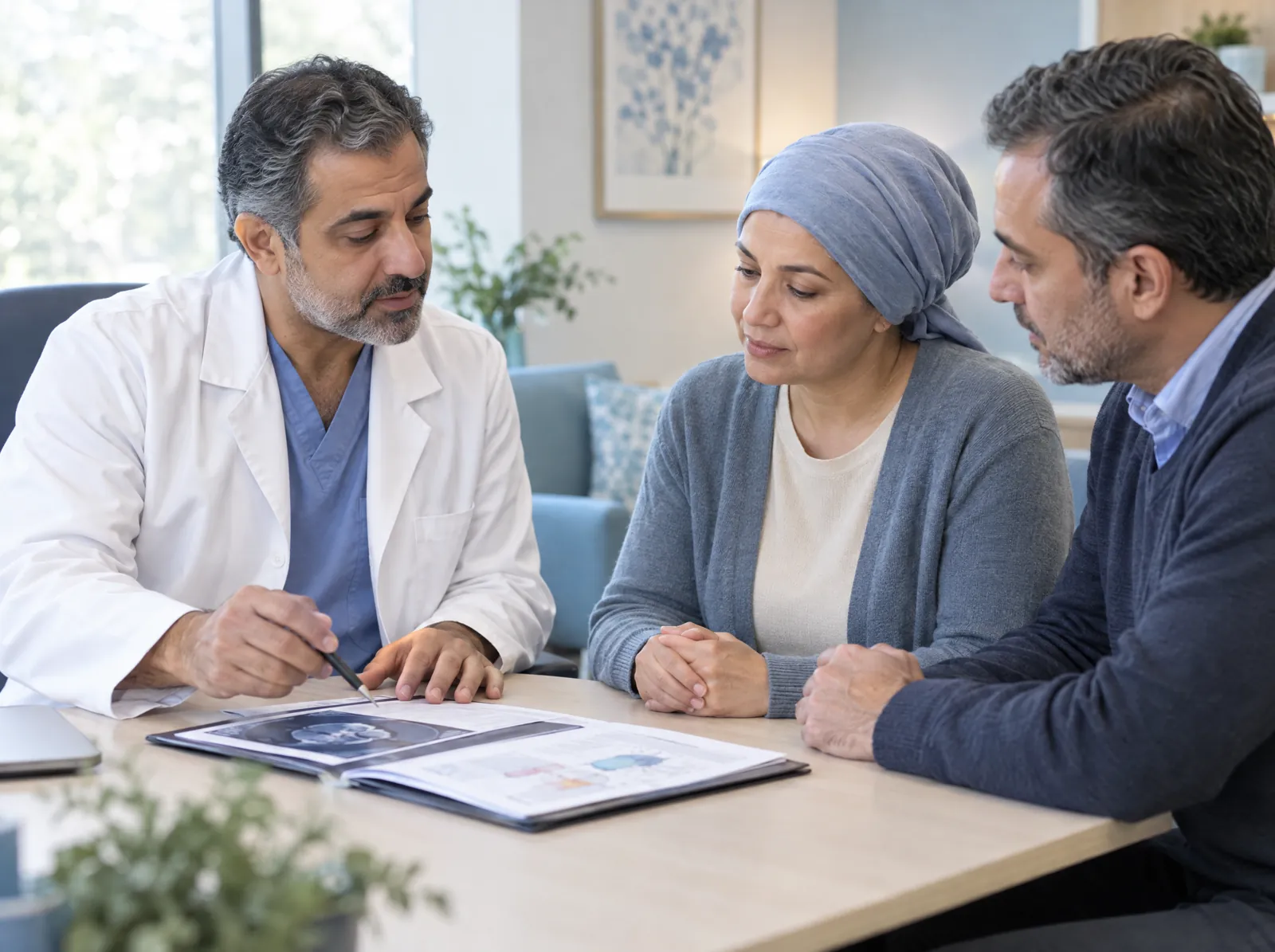 RCM software for Surgical Oncology: surgical oncologist reviewing a treatment plan with a patient and her husband