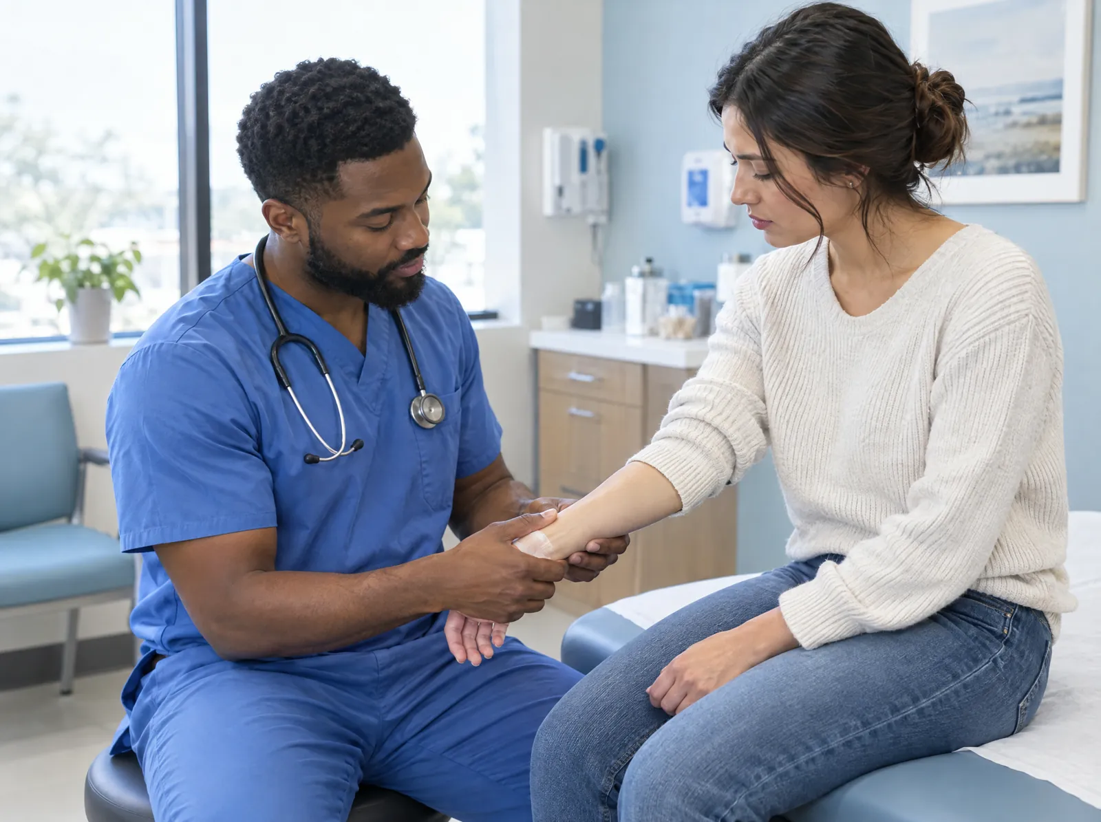 RCM software for Urgent Care: urgent care provider examining a patient's injured wrist