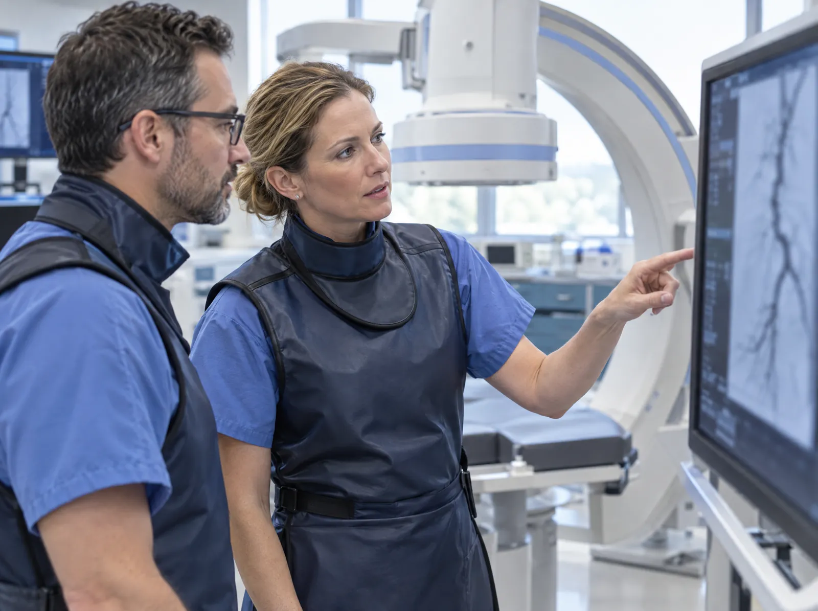 RCM software for Vascular Surgery: vascular surgeons reviewing an angiogram in an office-based lab